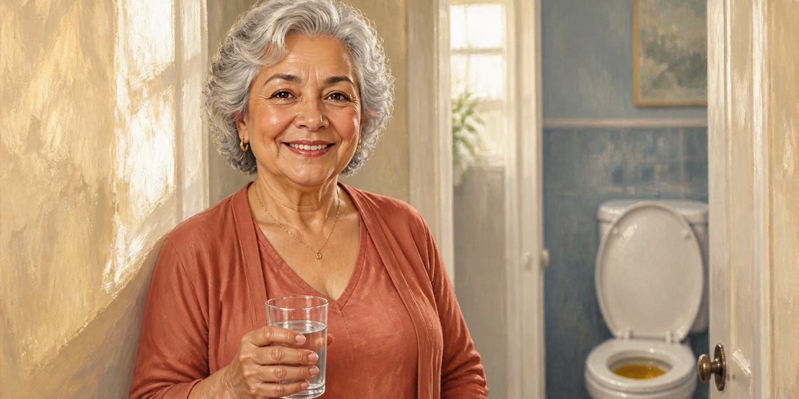 Mujer mayor sosteniendo un vaso de agua junto a un baño, con un inodoro visible al fondo y orina de color amarillo oscuro en la taza.