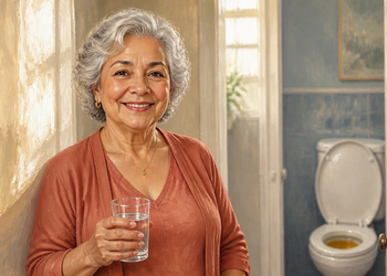 Mujer mayor sosteniendo un vaso de agua junto a un baño, con un inodoro visible al fondo y orina de color amarillo oscuro en la taza.