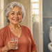 Mujer mayor sosteniendo un vaso de agua junto a un baño, con un inodoro visible al fondo y orina de color amarillo oscuro en la taza.