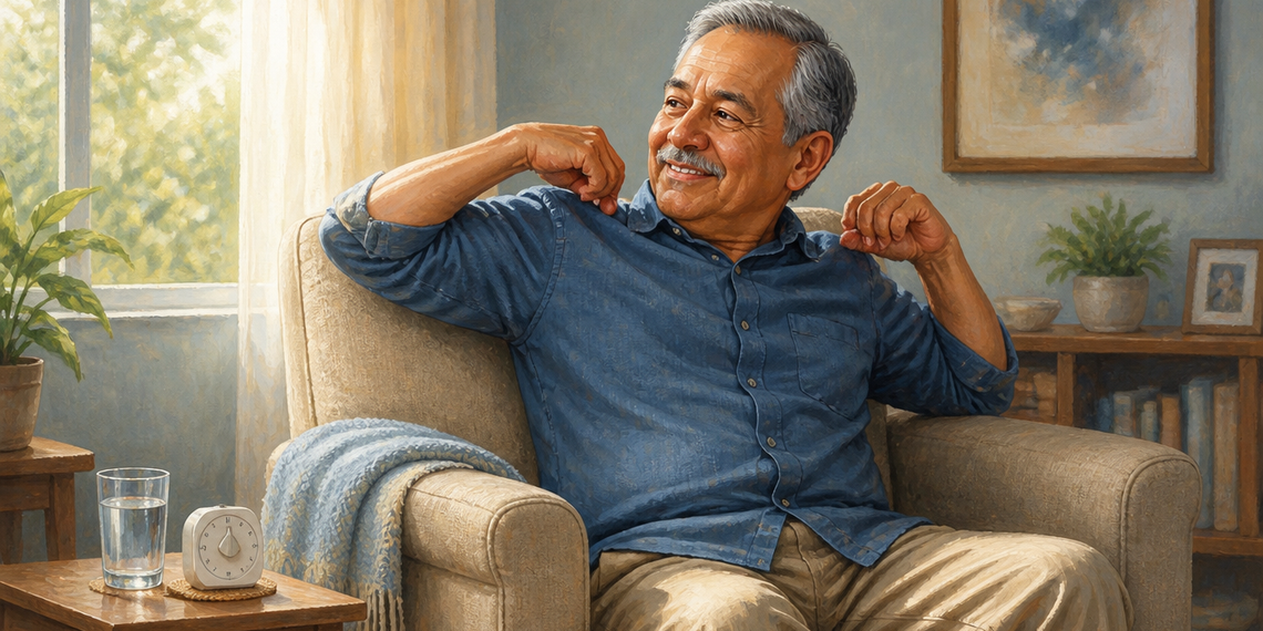 Hombre mayor sentado en un sillón mientras estira los brazos, junto a una mesa con un vaso de agua y un pequeño reloj.