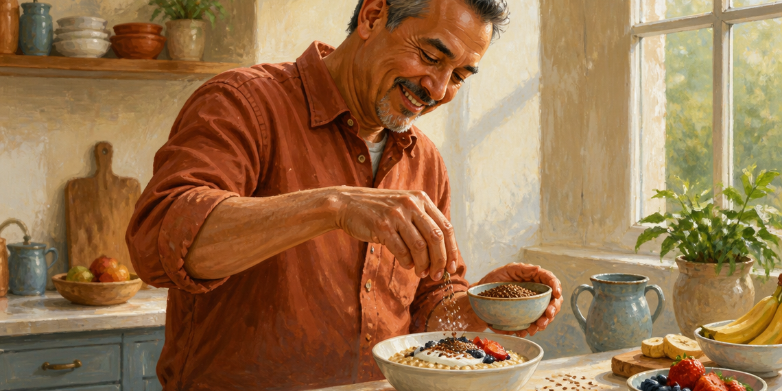 Hombre mayor en una cocina añade semillas de linaza a un bol con avena, yogur y frutos rojos, junto a otros alimentos sobre la encimera.