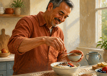Hombre mayor en una cocina añade semillas de linaza a un bol con avena, yogur y frutos rojos, junto a otros alimentos sobre la encimera.