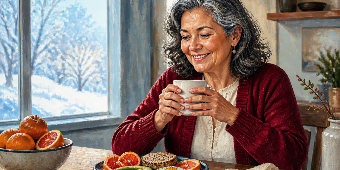 Mujer mayor sosteniendo una taza caliente junto a un desayuno con huevo, aguacate, pan y cítricos, mientras al fondo se ve un paisaje invernal nevado.