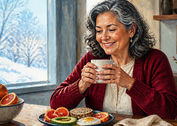 Mujer mayor sosteniendo una taza caliente junto a un desayuno con huevo, aguacate, pan y cítricos, mientras al fondo se ve un paisaje invernal nevado.