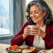Mujer mayor sosteniendo una taza caliente junto a un desayuno con huevo, aguacate, pan y cítricos, mientras al fondo se ve un paisaje invernal nevado.