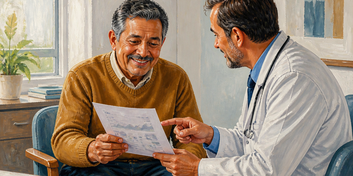 Hombre mayor sentado en consulta médica mientras revisa una hoja de resultados junto a un médico que señala el documento.