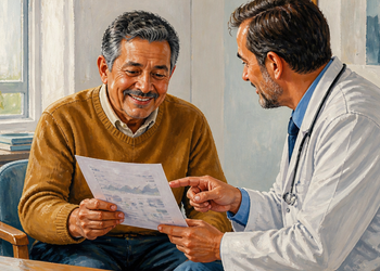 Hombre mayor sentado en consulta médica mientras revisa una hoja de resultados junto a un médico que señala el documento.