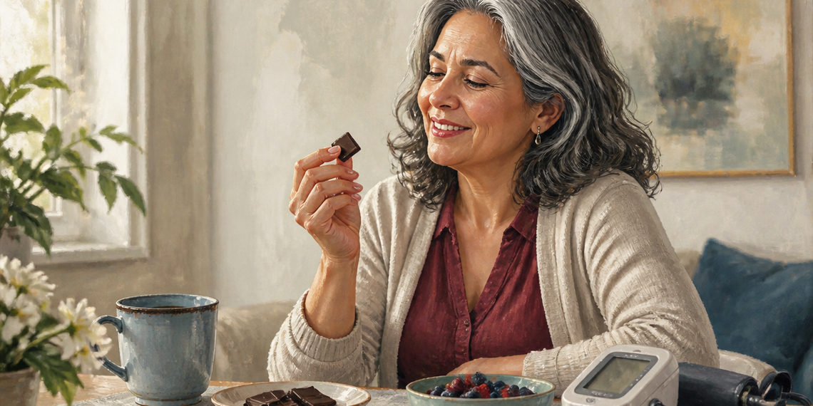 Mujer mayor sentada a una mesa sostiene un trozo de chocolate negro junto a una taza, frutos rojos y un tensiómetro.