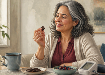 Mujer mayor sentada a una mesa sostiene un trozo de chocolate negro junto a una taza, frutos rojos y un tensiómetro.