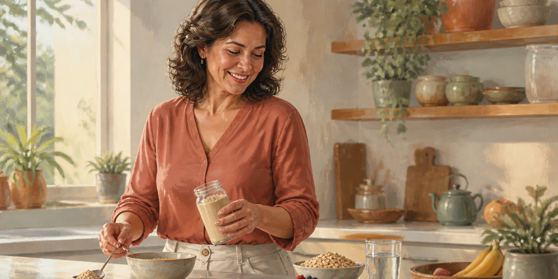 Mujer adulta en una cocina sostiene un frasco con polvo mientras prepara un bol, junto a avena, frutos rojos, plátanos y un vaso de agua.