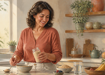 Mujer adulta en una cocina sostiene un frasco con polvo mientras prepara un bol, junto a avena, frutos rojos, plátanos y un vaso de agua.