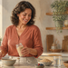Mujer adulta en una cocina sostiene un frasco con polvo mientras prepara un bol, junto a avena, frutos rojos, plátanos y un vaso de agua.