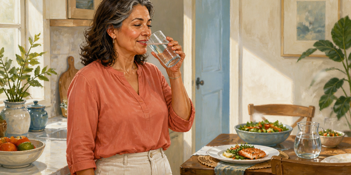 Mujer adulta bebiendo un vaso de agua en una cocina, junto a una mesa servida con salmón, ensalada y una jarra de agua.