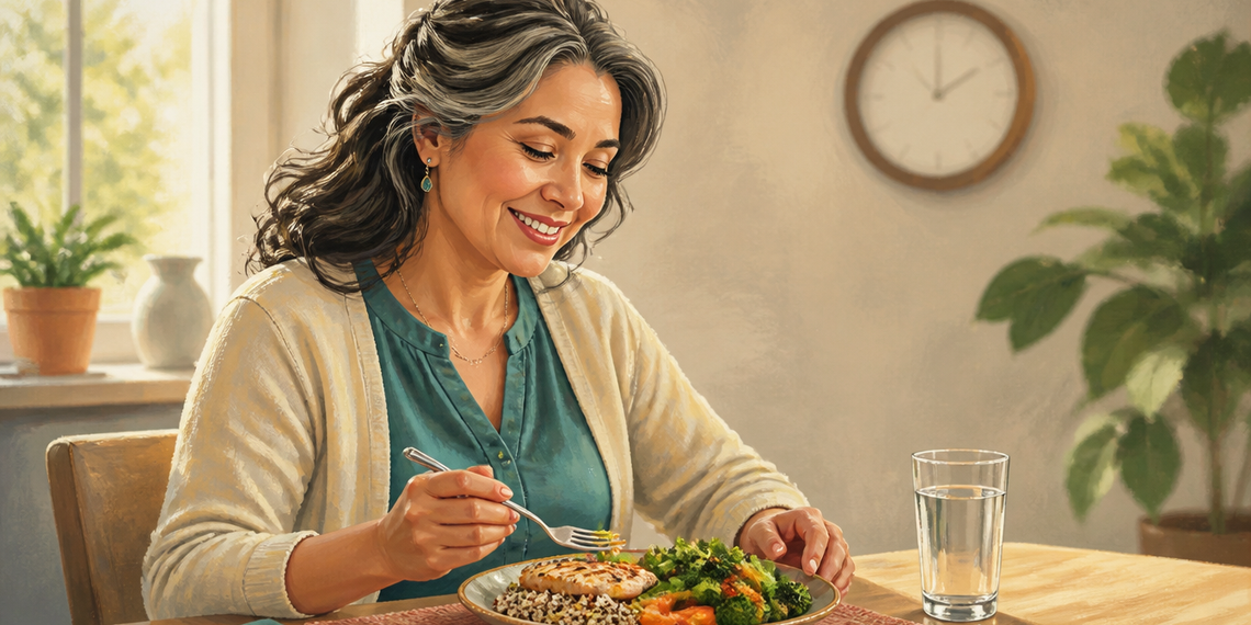 Mujer mayor sentada a la mesa comiendo un plato con proteína, cereales y verduras junto a un vaso de agua, con un reloj visible al fondo.