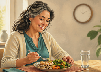 Mujer mayor sentada a la mesa comiendo un plato con proteína, cereales y verduras junto a un vaso de agua, con un reloj visible al fondo.