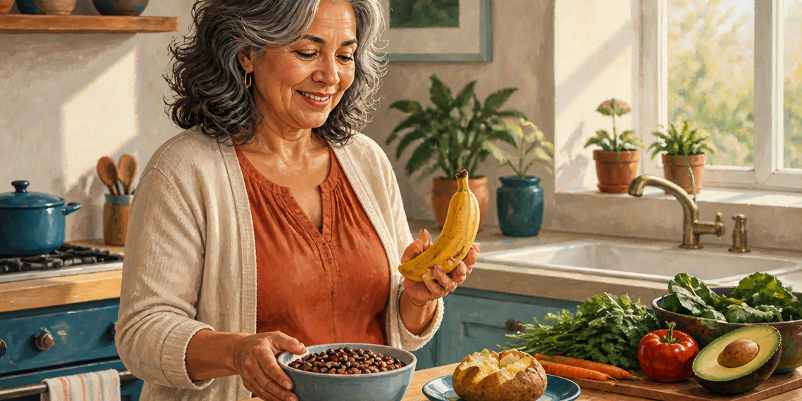 Mujer mayor en una cocina sosteniendo un plátano junto a un bol de legumbres, una patata, aguacate, verduras y hojas verdes, alimentos relacionados con una dieta rica en potasio.