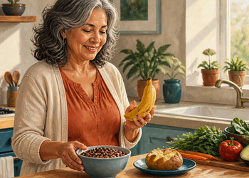 Mujer mayor en una cocina sosteniendo un plátano junto a un bol de legumbres, una patata, aguacate, verduras y hojas verdes, alimentos relacionados con una dieta rica en potasio.