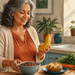 Mujer mayor en una cocina sosteniendo un plátano junto a un bol de legumbres, una patata, aguacate, verduras y hojas verdes, alimentos relacionados con una dieta rica en potasio.