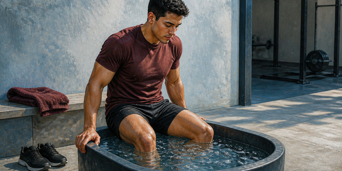 Hombre joven sentado con las piernas dentro de una bañera con agua y hielo después de entrenar, junto a unas zapatillas y una toalla en un gimnasio.