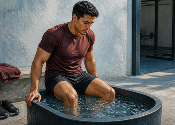 Hombre joven sentado con las piernas dentro de una bañera con agua y hielo después de entrenar, junto a unas zapatillas y una toalla en un gimnasio.