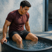 Hombre joven sentado con las piernas dentro de una bañera con agua y hielo después de entrenar, junto a unas zapatillas y una toalla en un gimnasio.