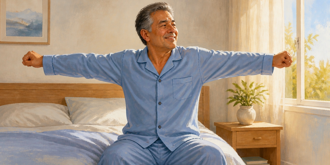 Hombre mayor sonriente con pijama azul se estira sentado en la cama al despertar, con los brazos abiertos junto a una ventana iluminada por la mañana.