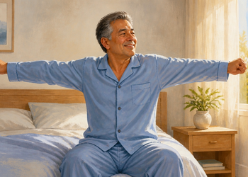 Hombre mayor sonriente con pijama azul se estira sentado en la cama al despertar, con los brazos abiertos junto a una ventana iluminada por la mañana.