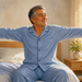 Hombre mayor sonriente con pijama azul se estira sentado en la cama al despertar, con los brazos abiertos junto a una ventana iluminada por la mañana.