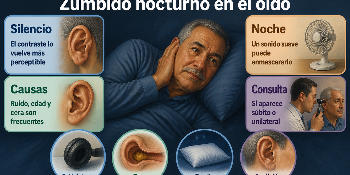 Infografía sobre zumbido nocturno en el oído con un hombre acostado tocándose la oreja, ilustraciones del oído, cera, auriculares, almohada, ventilador y consulta médica.