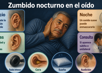 Infografía sobre zumbido nocturno en el oído con un hombre acostado tocándose la oreja, ilustraciones del oído, cera, auriculares, almohada, ventilador y consulta médica.