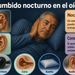 Infografía sobre zumbido nocturno en el oído con un hombre acostado tocándose la oreja, ilustraciones del oído, cera, auriculares, almohada, ventilador y consulta médica.