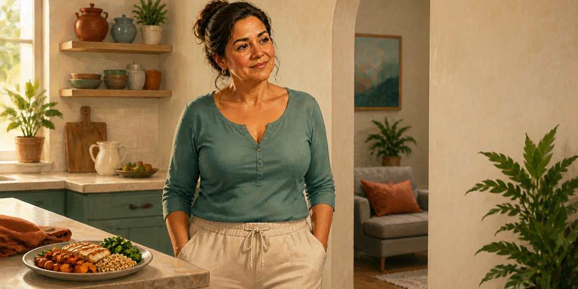 Mujer adulta de pie en una cocina junto a un plato con pollo, verduras y cereales, con las manos en los bolsillos y expresión tranquila.