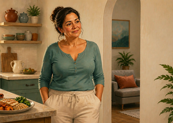 Mujer adulta de pie en una cocina junto a un plato con pollo, verduras y cereales, con las manos en los bolsillos y expresión tranquila.