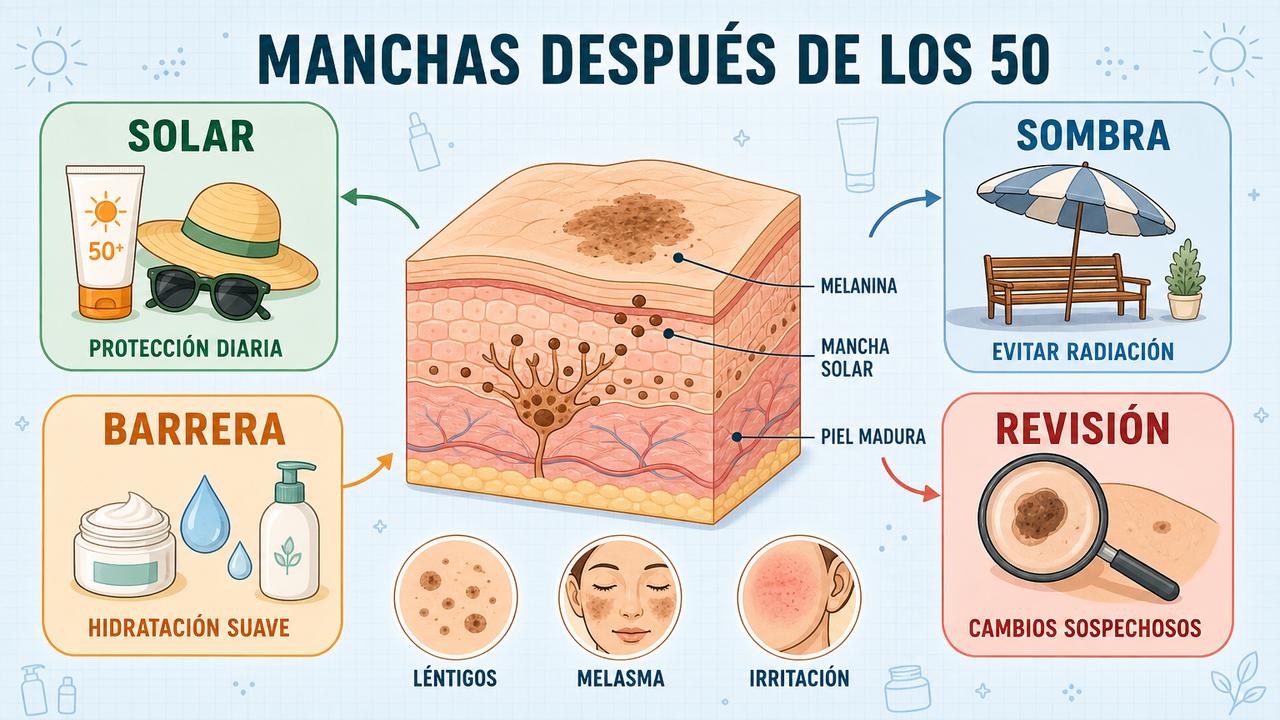 Fotoprotección, sombra, barrera cutánea y revisión orientan el cuidado de las manchas.