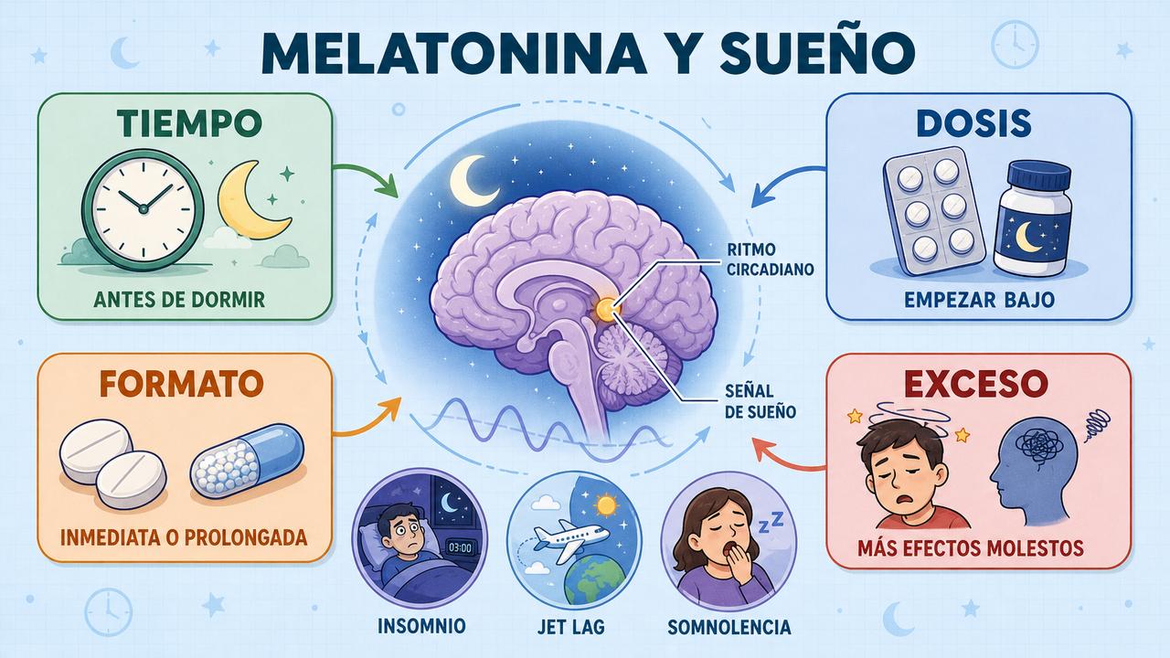 Tiempo, dosis, formato y exceso resumen el uso práctico de melatonina.