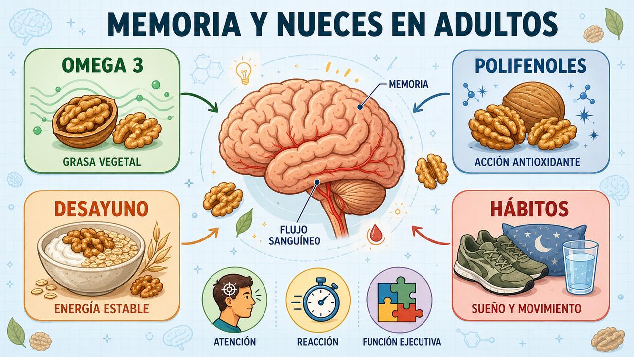 Omega 3, polifenoles, desayuno equilibrado y hábitos saludables influyen en la función cognitiva.
