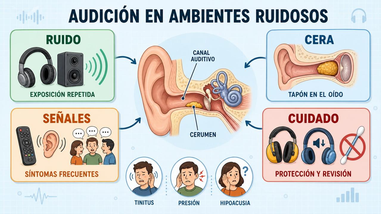Ruido, cera, señales y cuidado del oído explican la audición en ambientes ruidosos.