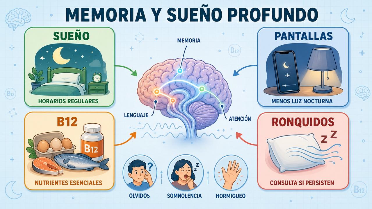 Sueño, pantallas, vitamina B12 y ronquidos influyen en la memoria verbal.