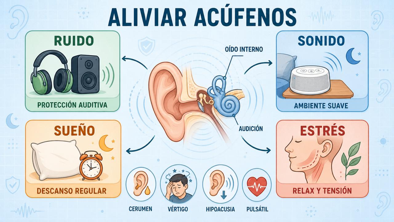 Protección auditiva, sonido ambiental, descanso y relajación ayudan a aliviar acúfenos.