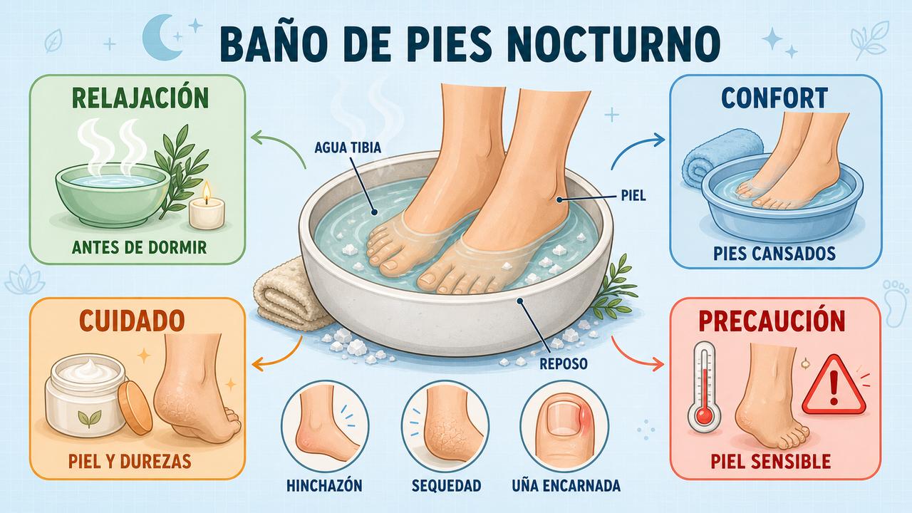 Relajación, confort, cuidado local y precauciones en el baño de pies.