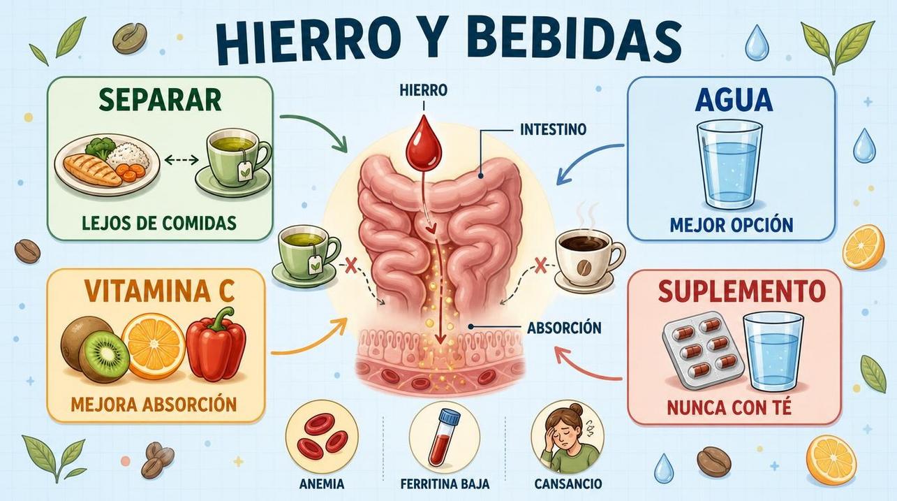 Infografía sobre horarios, vitamina C, agua y suplemento para mejorar la absorción.