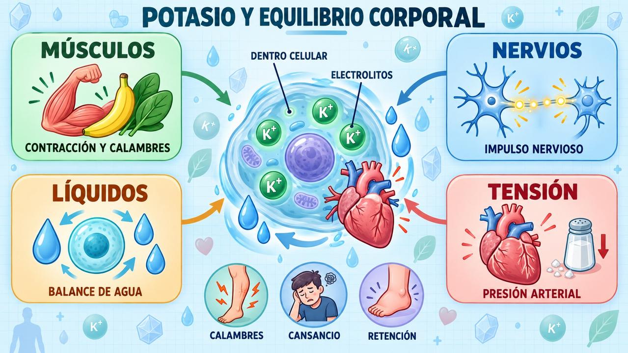 Músculos, nervios, líquidos y tensión resumen las funciones clave del potasio.