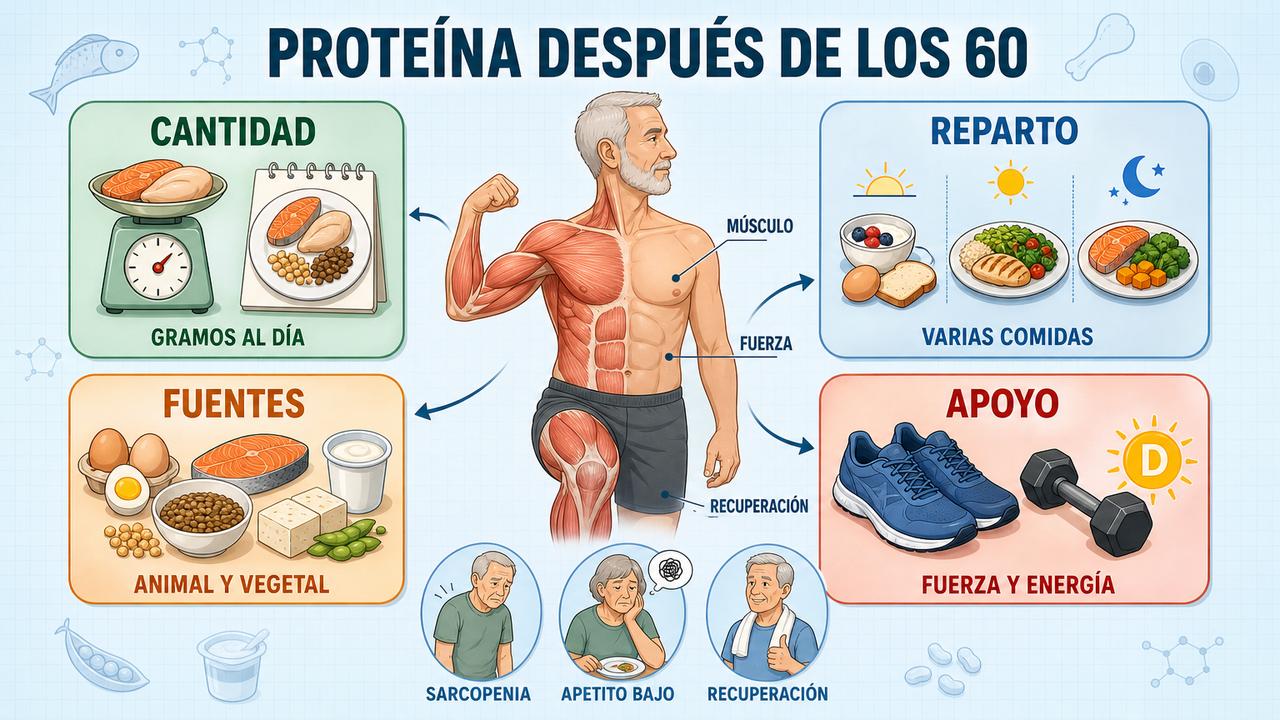 Cantidad, reparto, fuentes y apoyo físico para cuidar la masa muscular.