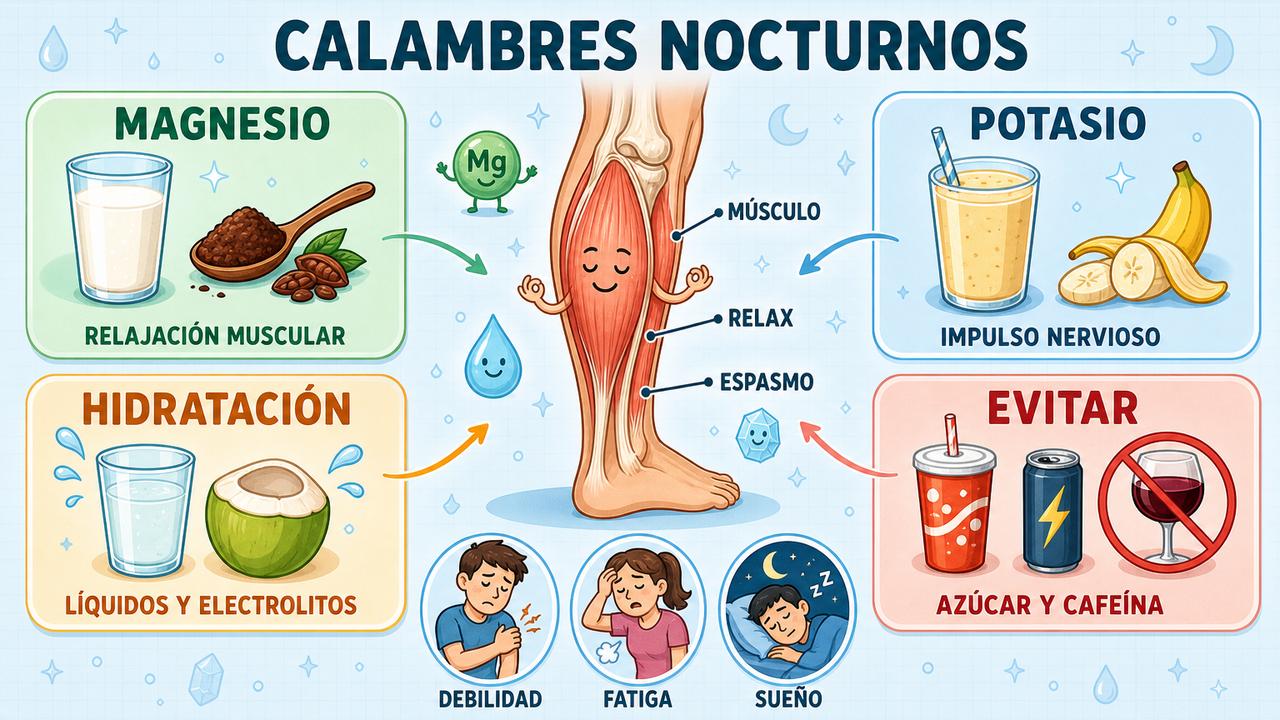 Magnesio, potasio, hidratación y evitar excitantes ayudan frente a calambres nocturnos.