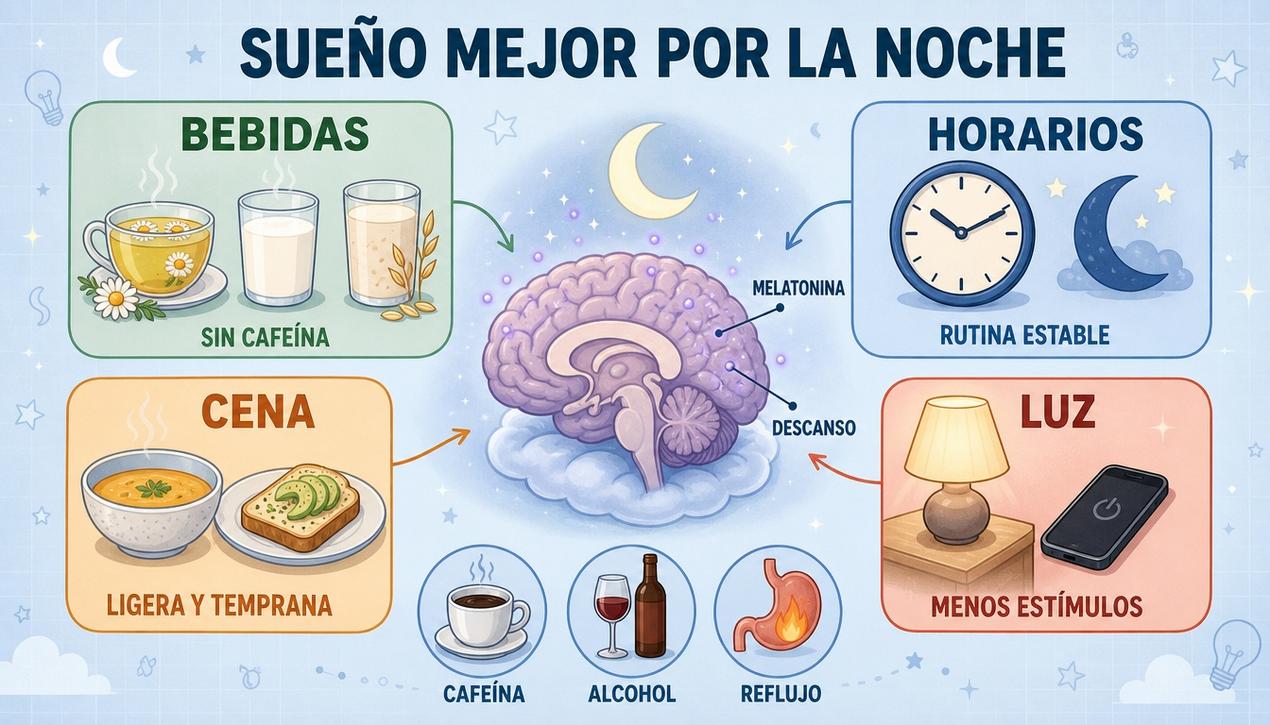 Bebidas, horarios, cena ligera y luz tenue apoyan un sueño reparador.