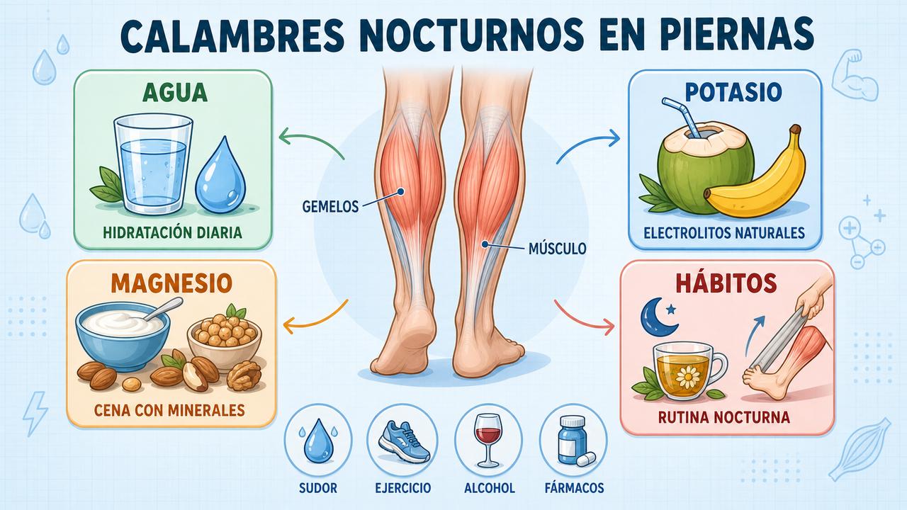 Agua, potasio, magnesio y rutina nocturna ayudan a prevenir calambres.