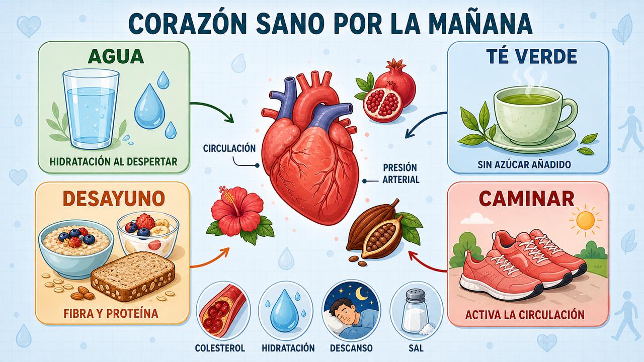 Hidratación, té verde, desayuno equilibrado y paseo matinal apoyan la salud cardiovascular.