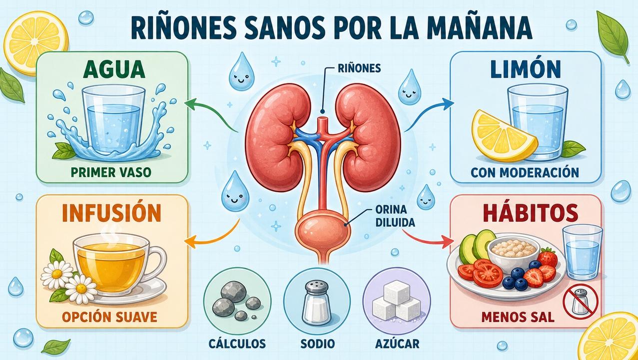 Agua, limón moderado, infusión suave y menos sal protegen los riñones.