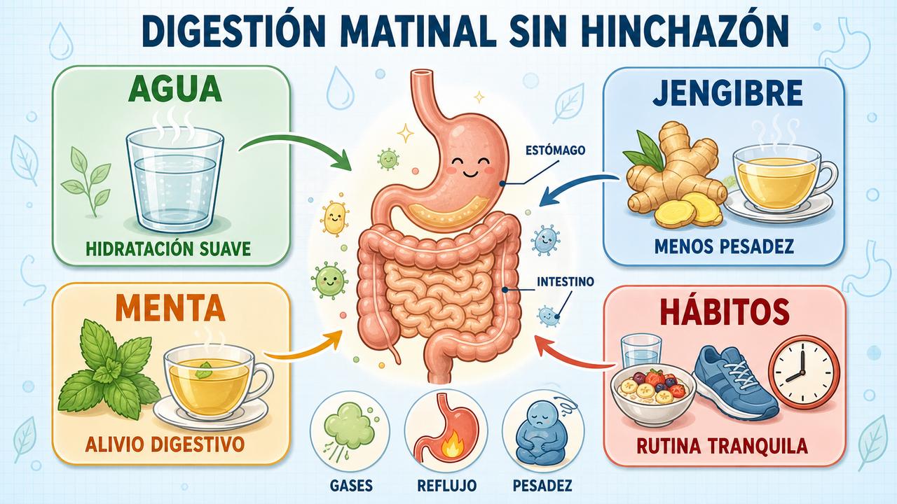 Agua, jengibre, menta y hábitos tranquilos apoyan una mejor digestión matinal.