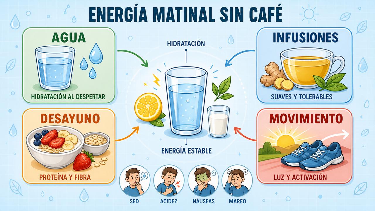 Agua, infusiones, desayuno y movimiento sostienen mejor la energía matinal.